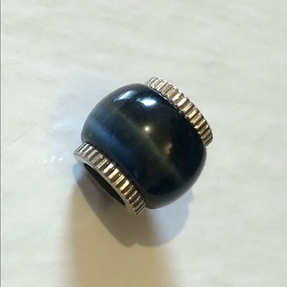 Brighton ABC Glass bead in black Optic glass with silver edges Retired